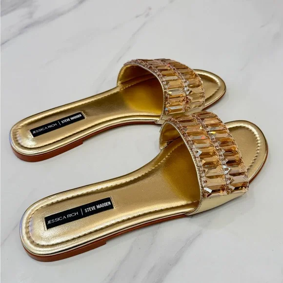 JESSICA RICH / STEVE MADDEN Amber Gold Slide Sandals - Picture 1 of 12